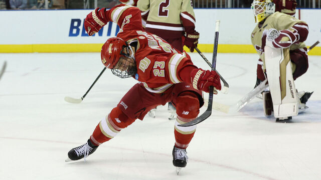 MANCHESTER, NEW HAMPSHIRE - MARCH 30: Eric Pohlkamp #23 of the Denver Pioneers celebrates his goal against the Boston College Eagles during the first period during the NCAA Division I Men's Ice Hockey Manchester Regional Championship final at the SNHU Arena on March 30, 2025 in Manchester, New Hampshire.