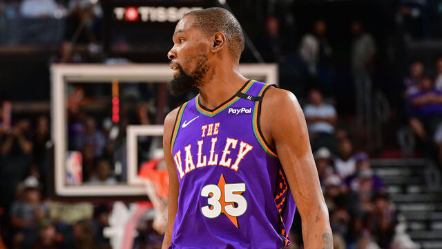 PHOENIX, AZ - MARCH 30: Kevin Durant #35 of the Phoenix Suns looks on during the game against the Houston Rockets on March 30, 2025 at PHX Arena in Phoenix, Arizona. Mandatory Copyright Notice: Copyright 2025 NBAE