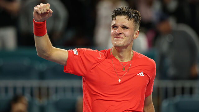 MIAMI GARDENS, FLORIDA - MARCH 30: Jakub Mensik of the Czech Republic celebrates after defeating Novak Djokovic of Serbia during the men's singles final on the final day of the Miami Open Presented by Itau 2025 at Hard Rock Stadium on March 30, 2025 in Miami Gardens, Florida.