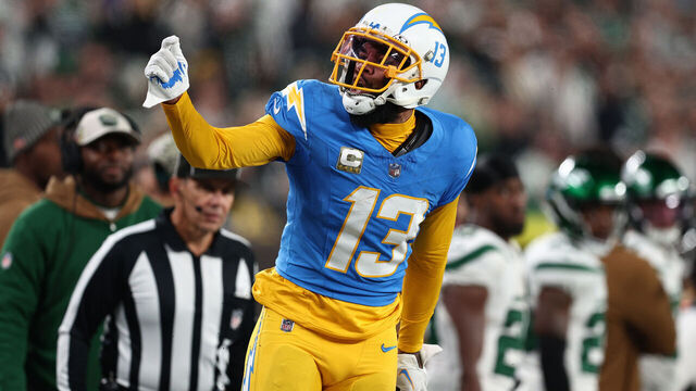 EAST RUTHERFORD, NEW JERSEY - NOVEMBER 06: Keenan Allen #13 of the Los Angeles Chargers celebrates after catching a pass with one hand during the fourth quarter against the New York Jets at MetLife Stadium on November 06, 2023 in East Rutherford, New Jersey.
