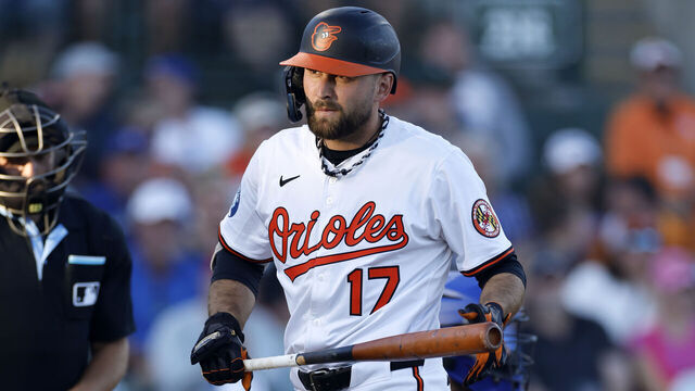 SARASOTA, FL - MARCH 18: Baltimore Orioles outfielder Colton Cowser (17) turns toward the dugout after striking out during an MLB Spring Training baseball game against the Toronto Blue Jays on March 18, 2025 at Ed Smith Stadium in Sarasota, Florida.