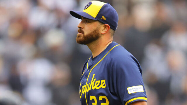 NEW YORK, NEW YORK - MARCH 30: Aaron Civale #32 of the Milwaukee Brewers reacts as Jazz Chisholm Jr. #13 of the New York Yankees rounds third base after hitting a 2-run home run in the third inning at Yankee Stadium on March 30, 2025 in New York City.