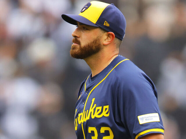 NEW YORK, NEW YORK - MARCH 30: Aaron Civale #32 of the Milwaukee Brewers reacts as Jazz Chisholm Jr. #13 of the New York Yankees rounds third base after hitting a 2-run home run in the third inning at Yankee Stadium on March 30, 2025 in New York City.