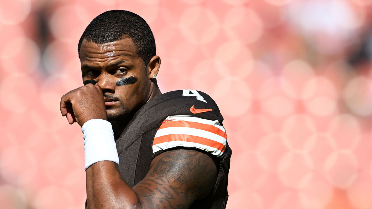 CLEVELAND, OHIO - OCTOBER 20: Deshaun Watson #4 of the Cleveland Browns looks on prior to a game against the Cincinnati Bengals at Huntington Bank Field on October 20, 2024 in Cleveland, Ohio.