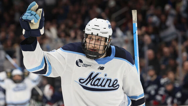 BOSTON, MASSACHUSETTS - MARCH 21: Taylor Makar #18 of the Maine Black Bears celebrates his goal against the UConn Huskies in the third period during NCAA men's hockey in the Hockey East Championship at TD Garden on March 21, 2025 in Boston, Massachusetts. The Black Bears won 5-2.