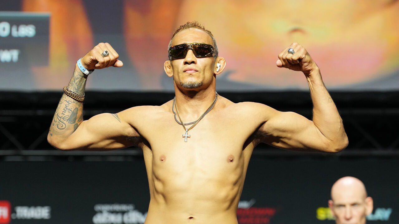 ABU DHABI, UNITED ARAB EMIRATES - AUGUST 02: Tony Ferguson poses on the scale during the UFC Fight Night ceremonial weigh-in at Etihad Arena on August 02, 2024 in Abu Dhabi, United Arab Emirates.