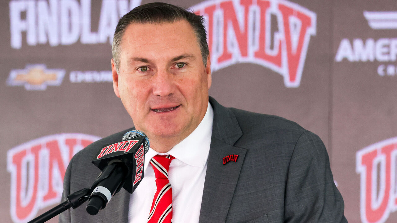 LAS VEGAS, NEVADA - DECEMBER 13: Dan Mullen speaks as he is introduced as UNLV's new head football coach during a news conference at UNLV's Fertitta Football Complex on December 13, 2024 in Las Vegas, Nevada.