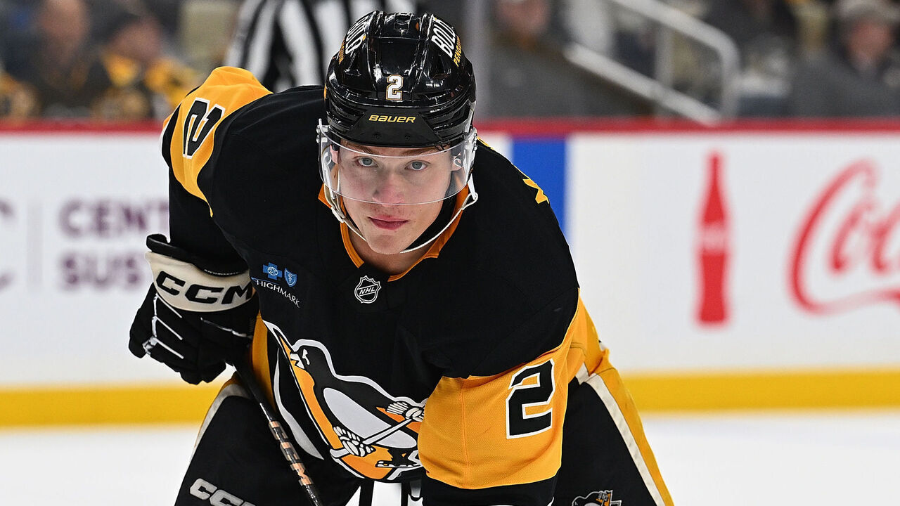 PITTSBURGH, PENNSYLVANIA - MARCH 30: Rutger McGroarty #2 of the Pittsburgh Penguins looks on before a faceoff in the third period during the game against the Ottawa Senators at PPG PAINTS Arena on March 30, 2025 in Pittsburgh, Pennsylvania.