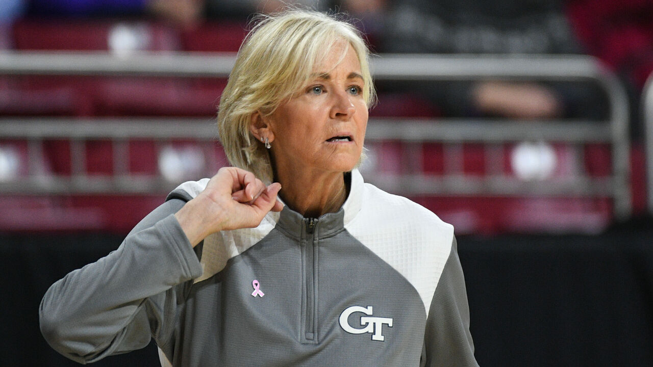 CHESTNUT HILL, MA - FEBRUARY 09: Georgia Tech Yellow Jackets head coach Nell Fortner looks on during a women's college basketball game between the Georgia Tech Yellow Jackets and the Boston College Eagles on February 9, 2025, at Conte Forum in Chestnut Hill, MA.
