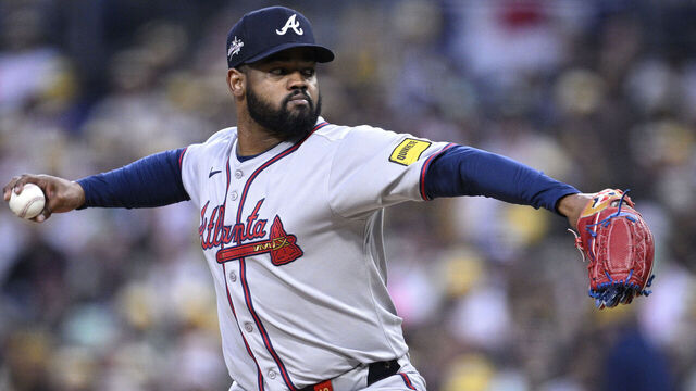 SAN DIEGO, CALIFORNIA - MARCH 28: Reynaldo Lopez #40 of the Atlanta Braves throws a pitch against the San Diego Padres during the first inning at Petco Park on March 28, 2025 in San Diego, California.