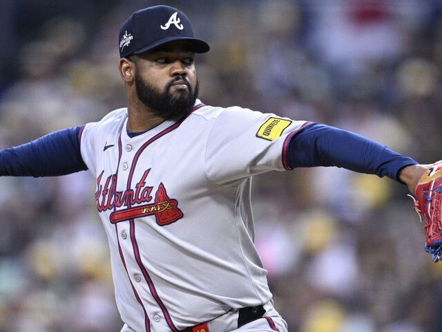 SAN DIEGO, CALIFORNIA - MARCH 28: Reynaldo Lopez #40 of the Atlanta Braves throws a pitch against the San Diego Padres during the first inning at Petco Park on March 28, 2025 in San Diego, California.