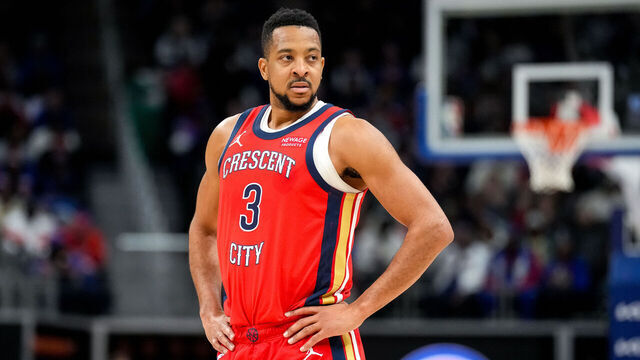 DETROIT, MICHIGAN - MARCH 23: CJ McCollum #3 of the New Orleans Pelicans looks on against the Detroit Pistons at Little Caesars Arena on March 23, 2025 in Detroit, Michigan.