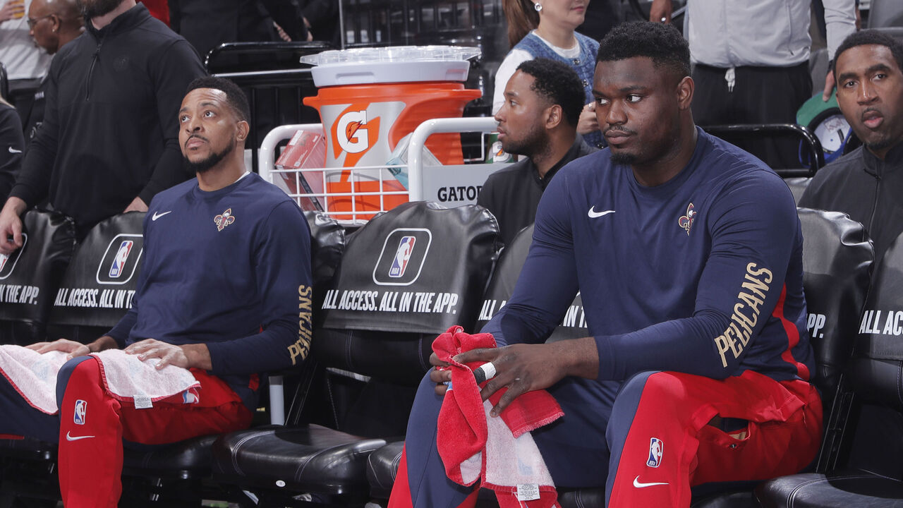 SACRAMENTO, CA - APRIL 11: CJ McCollum #3 and Zion Williamson #1 of the New Orleans Pelicans look on from the bench prior to the game against the Sacramento Kings on April 11, 2024 at Golden 1 Center in Sacramento, California. NOTE TO USER: User expressly acknowledges and agrees that, by downloading and or using this photograph, User is consenting to the terms and conditions of the Getty Images Agreement. Mandatory Copyright Notice: Copyright 2024 NBAE