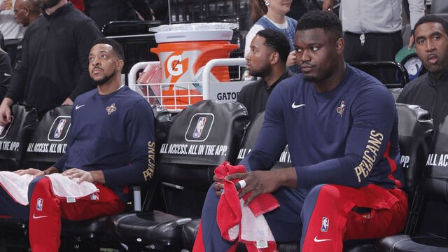 SACRAMENTO, CA - APRIL 11: CJ McCollum #3 and Zion Williamson #1 of the New Orleans Pelicans look on from the bench prior to the game against the Sacramento Kings on April 11, 2024 at Golden 1 Center in Sacramento, California. NOTE TO USER: User expressly acknowledges and agrees that, by downloading and or using this photograph, User is consenting to the terms and conditions of the Getty Images Agreement. Mandatory Copyright Notice: Copyright 2024 NBAE