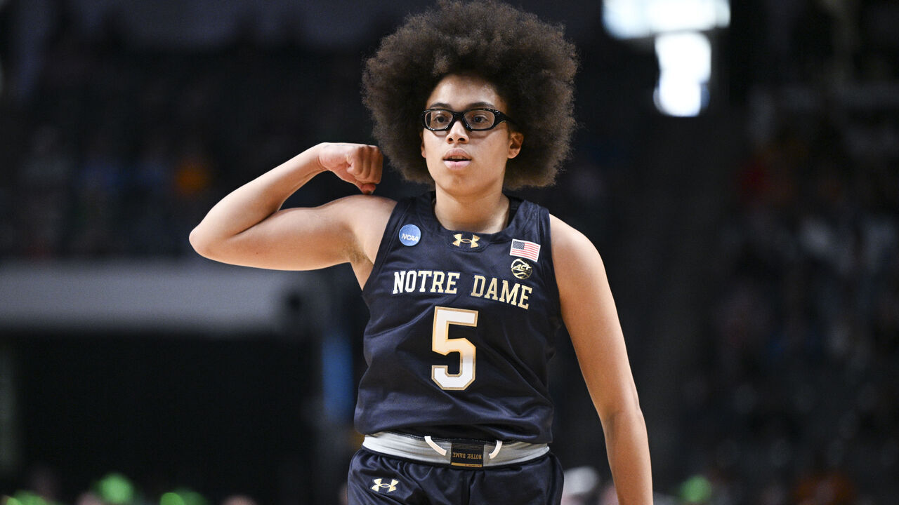 BIRMINGHAM, ALABAMA - MARCH 29: Olivia Miles #5 of the Notre Dame Fighting Irish reacts during the game against the TCU Horned Frogs in the Sweet Sixteen round of the 2025 NCAA Women's Basketball Tournament held at Legacy Arena at the BJCC on March 29, 2025 in Birmingham, Alabama.