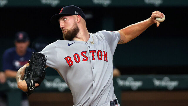 ARLINGTON, TEXAS - MARCH 27: Garrett Crochet #35 of the Boston Red Sox pitches in the third inning against the Texas Rangers on Opening Day at Globe Life Field on March 27, 2025 in Arlington, Texas.
