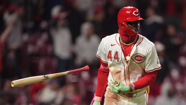 CINCINNATI, OHIO - MARCH 31: Elly De La Cruz #44 of the Cincinnati Reds flips his bat on a two-run home run in the seventh inning against the Texas Rangers at Great American Ball Park on March 31, 2025 in Cincinnati, Ohio.