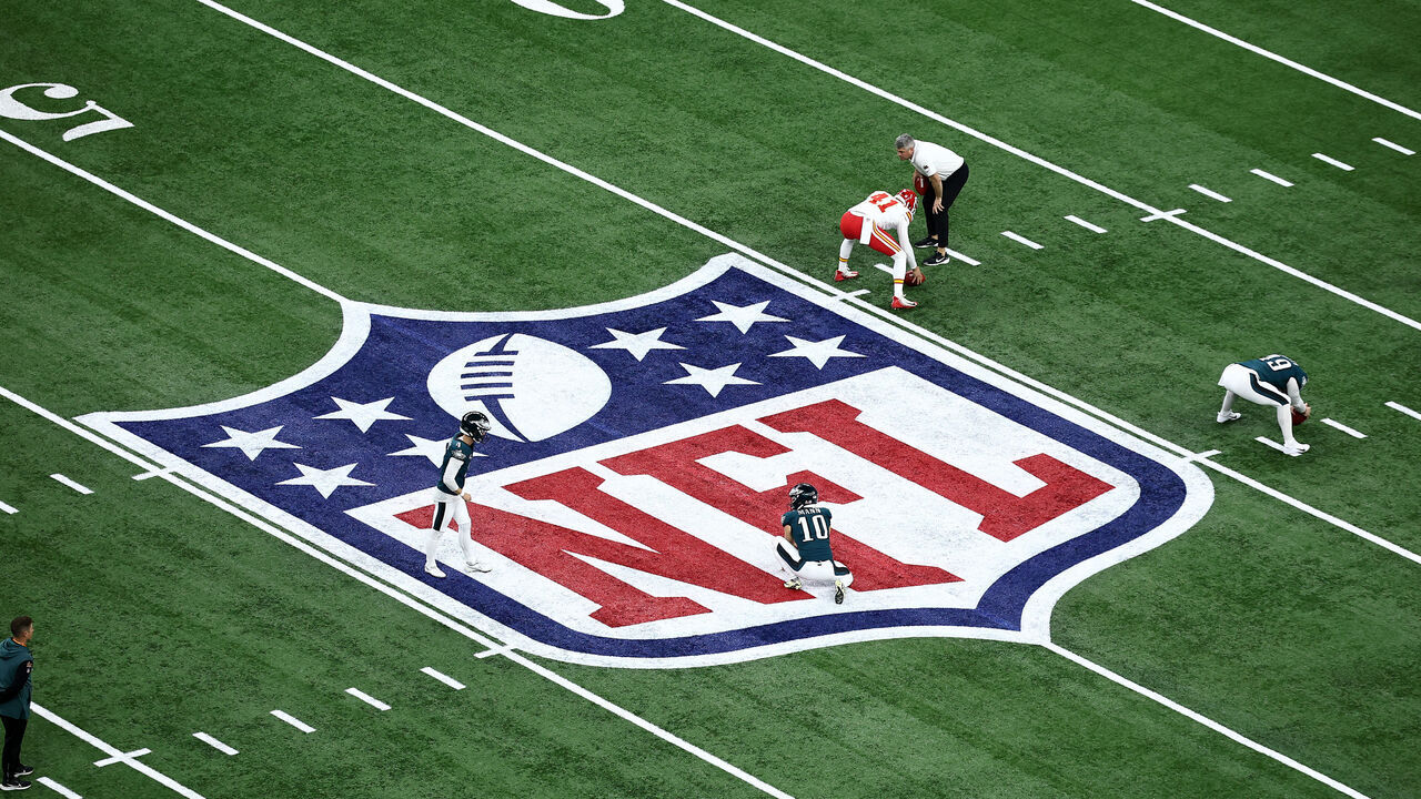 NEW ORLEANS, LOUISIANA - FEBRUARY 09: A general view of NFL logo on the field before Super Bowl LIX between the Kansas City Chiefs and the Philadelphia Eagles at Caesars Superdome on February 09, 2025 in New Orleans, Louisiana.