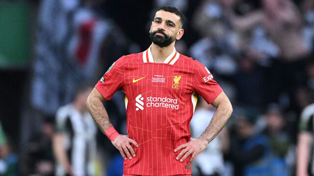 LONDON, ENGLAND - MARCH 16: Mohamed Salah of Liverpool looks dejected after Alexander Isak of Newcastle United (not pictured) scored his team's second goal during the Carabao Cup Final between Liverpool and Newcastle United at Wembley Stadium on March 16, 2025 in London, England.