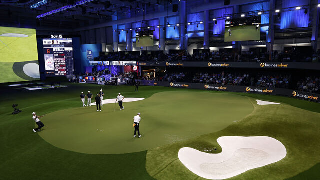 PALM BEACH GARDENS, FLORIDA - MARCH 25: Justin Thomas of Atlanta Drive GC putts during their TGL presented by SoFi match against the New York Golf Club at SoFi Center on March 25, 2025 in Palm Beach Gardens, Florida.