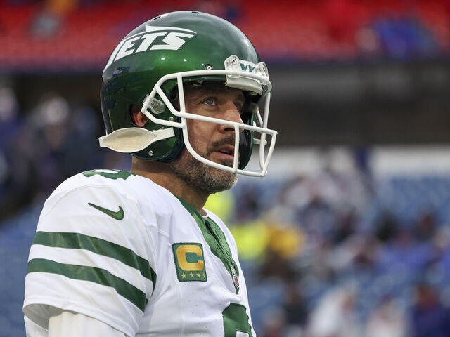ORCHARD PARK, NEW YORK - DECEMBER 29: Aaron Rodgers #8 of the New York Jets warms up prior to a game against the Buffalo Bills at Highmark Stadium on December 29, 2024 in Orchard Park, New York. The Bills defeated the Jets 40-14. (Kara Durrette/Getty Images)