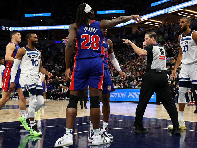 MINNEAPOLIS, MINNESOTA - MARCH 30: Isaiah Stewart #28 of the Detroit Pistons reacts against the Minnesota Timberwolves in the second quarter at Target Center on March 30, 2025 in Minneapolis, Minnesota.
