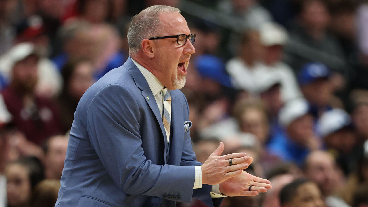 DENVER, COLORADO - MARCH 22: Head coach Buzz Williams of the Texas A&M Aggies reacts during the first half against the Michigan Wolverines in the second round of the NCAA Men's Basketball Tournament at Ball Arena on March 22, 2025 in Denver, Colorado.