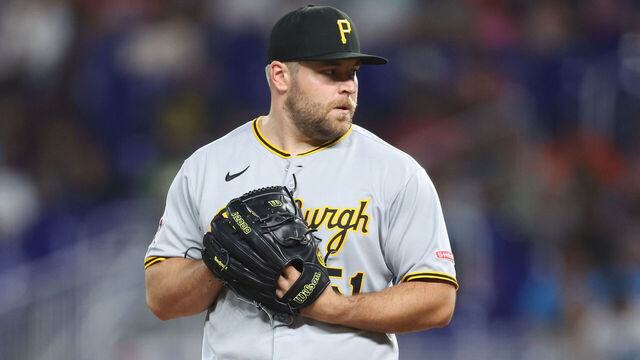 MIAMI, FLORIDA - MARCH 30: David Bednar #51 of the Pittsburgh Pirates pitches against the Miami Marlins in the ninth inning of the game at loanDepot park on March 30, 2025 in Miami, Florida.