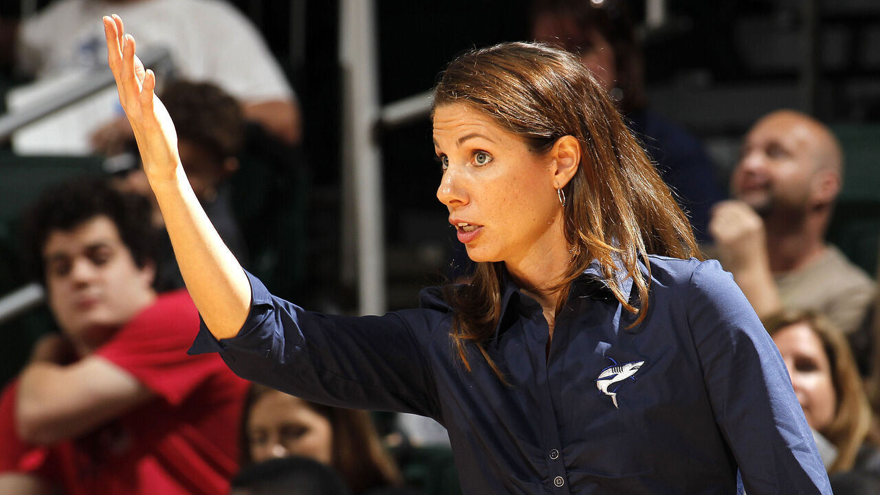 CORAL GABLES, FL - NOVEMBER 5: Head coach LeAnn Freeland of the Nova Southeastern Sharks reacts to action against the Miami Hurricanes on November 5, 2012 at the BankUnited Center in Coral Gables, Florida. The Hurricanes defeated the Sharks 85-63.