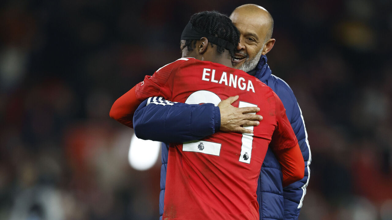 NOTTINGHAM, ENGLAND - APRIL 1: Nuno Espirito Santo Head Coach of Nottingham Forest and Anthony Elanga of Nottingham Forest after winning the Premier League match between Nottingham Forest FC and Manchester United FC at City Ground on April 1, 2025 in Nottingham, England.