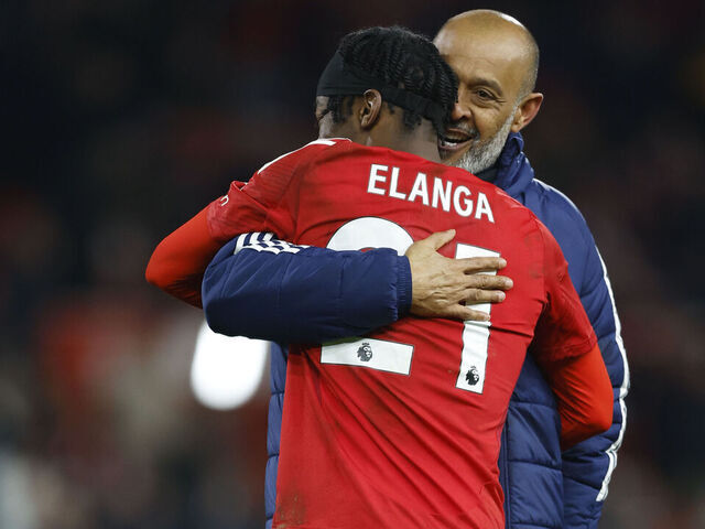 NOTTINGHAM, ENGLAND - APRIL 1: Nuno Espirito Santo Head Coach of Nottingham Forest and Anthony Elanga of Nottingham Forest after winning the Premier League match between Nottingham Forest FC and Manchester United FC at City Ground on April 1, 2025 in Nottingham, England.