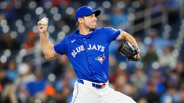 TORONTO, CANADA - MARCH 29: Max Scherzer #31 of the Toronto Blue Jays pitches in the first inning of their MLB game against the Baltimore Orioles at Rogers Centre on March 29, 2025 in Toronto, Ontario, Canada.
