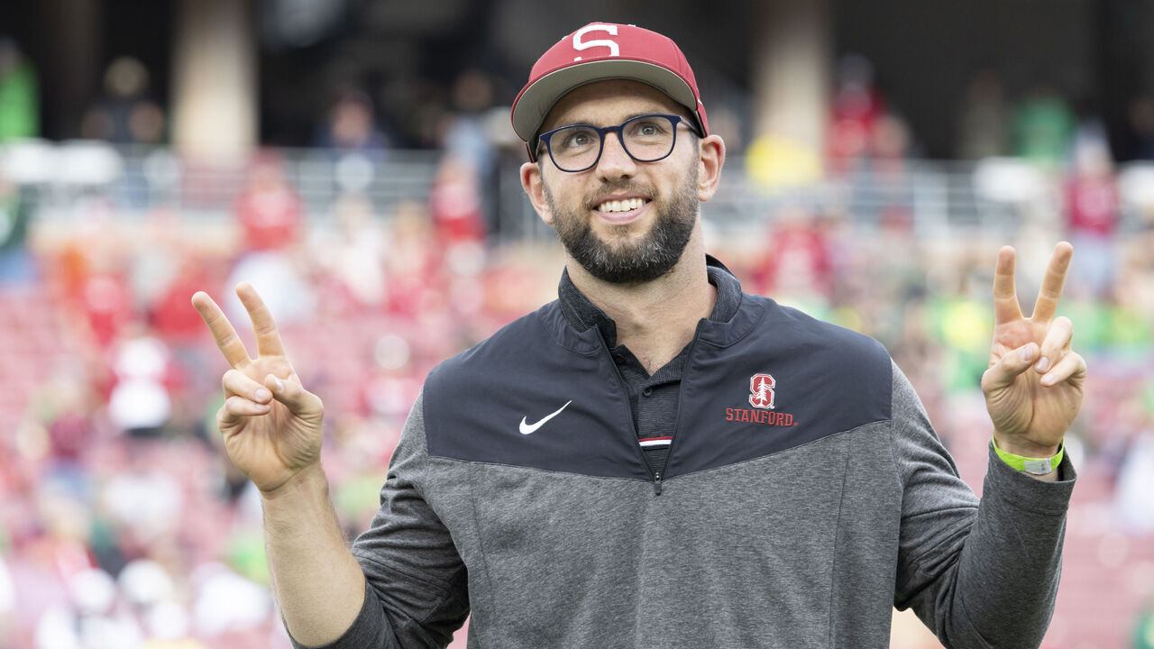 PALO ALTO, CA - SEPTEMBER 30: Former Stanford and NFL quarterback Andrew Luck is inducted into the Stanford Athletics Hall of Fame at halftime of a Pac-12 NCAA college football game between the Stanford Cardinal and the Oregon Ducks on September 30, 2023 at Stanford Stadium in Palo Alto, California.