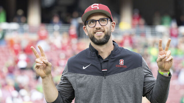 PALO ALTO, CA - SEPTEMBER 30: Former Stanford and NFL quarterback Andrew Luck is inducted into the Stanford Athletics Hall of Fame at halftime of a Pac-12 NCAA college football game between the Stanford Cardinal and the Oregon Ducks on September 30, 2023 at Stanford Stadium in Palo Alto, California.
