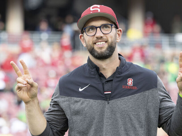 PALO ALTO, CA - SEPTEMBER 30: Former Stanford and NFL quarterback Andrew Luck is inducted into the Stanford Athletics Hall of Fame at halftime of a Pac-12 NCAA college football game between the Stanford Cardinal and the Oregon Ducks on September 30, 2023 at Stanford Stadium in Palo Alto, California.