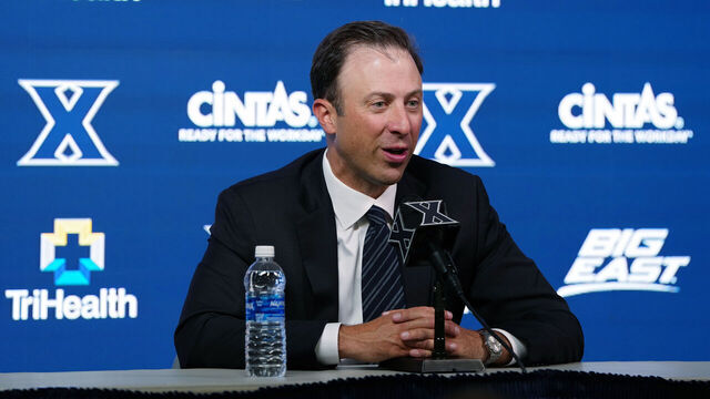 CINCINNATI, OHIO - APRIL 01: Xavier Musketeers men's basketball coach Richard Pitino speaks to the media during an introductory press conference at the Cintas Center on April 01, 2025 in Cincinnati, Ohio.