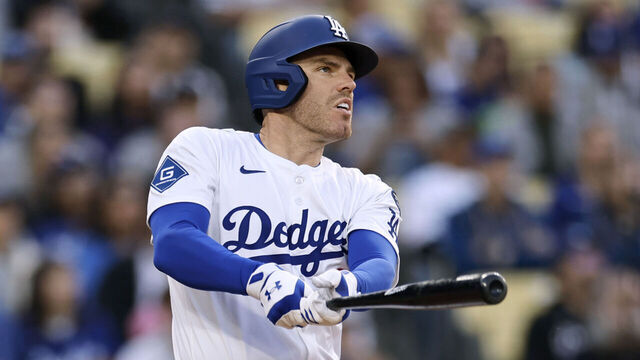 LOS ANGELES, CALIFORNIA - MARCH 29: Freddie Freeman #5 of the Los Angeles Dodgers watches his solo home run during the first inning in a 7-3 win over the Detroit Tigers at Dodger Stadium on March 29, 2025 in Los Angeles, California.