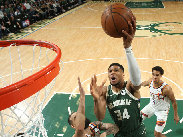 MILWAUKEE, WI - APRIL 1: Giannis Antetokounmpo #34 of the Milwaukee Bucks drives to the basket during the game against the Phoenix Suns on April 1, 2025 at Fiserv Forum Center in Milwaukee, Wisconsin. Mandatory Copyright Notice: Copyright 2025 NBAE .