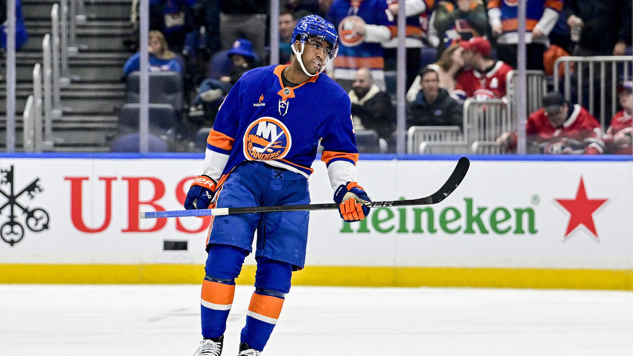 ELMONT, NEW YORK - MARCH 20: Anthony Duclair #11 of the New York Islanders reacts after scoring a goal against the Montreal Canadiens during the game at UBS Arena on March 20, 2025 in Elmont, New York.
