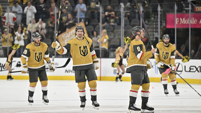 LAS VEGAS, NEVADA - MARCH 22: Vegas Golden Knights players celebrate after a victory against the Detroit Red Wings at T-Mobile Arena on March 22, 2025 in Las Vegas, Nevada.