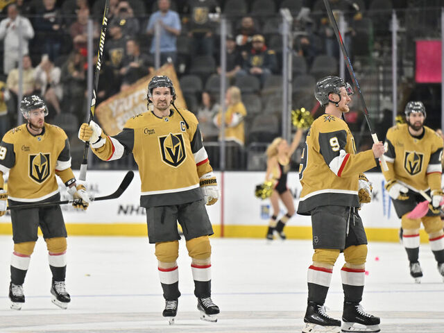 LAS VEGAS, NEVADA - MARCH 22: Vegas Golden Knights players celebrate after a victory against the Detroit Red Wings at T-Mobile Arena on March 22, 2025 in Las Vegas, Nevada.