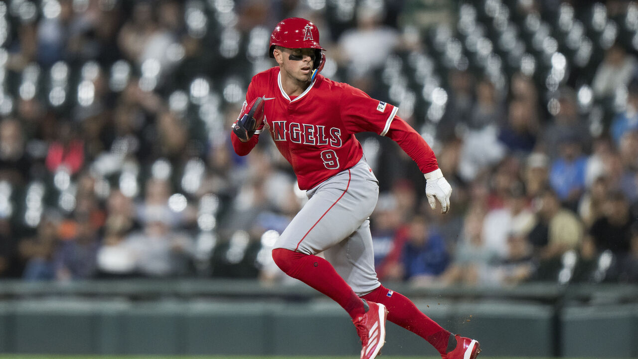 CHICAGO, ILLINOIS - SEPTEMBER 25: Zach Neto #9 of the Los Angeles Angels looks back as he is caught in an attempted steal of second base in a game against the Chicago White Sox at Guaranteed Rate Field on September 25, 2024 in Chicago, Illinois.