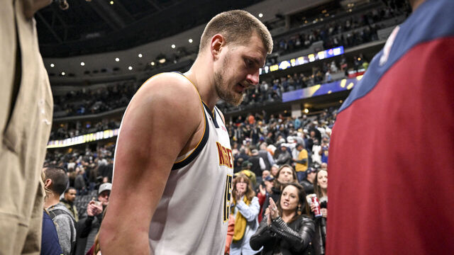 DENVER, CO - APRIL 1: Nikola Jokic (15) of the Denver Nuggets leaves the court after overtime of the Minnesota Timberwolves' 140-139 win at Ball Arena in Denver, Colorado on Tuesday, April 1, 2025.