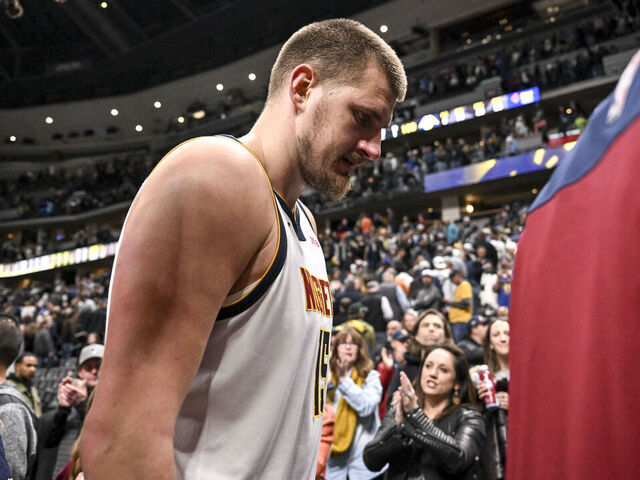 DENVER, CO - APRIL 1: Nikola Jokic (15) of the Denver Nuggets leaves the court after overtime of the Minnesota Timberwolves' 140-139 win at Ball Arena in Denver, Colorado on Tuesday, April 1, 2025.