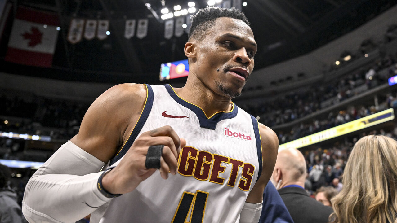 DENVER, CO - APRIL 1: Russell Westbrook (4) of the Denver Nuggets rushes off the court after committing a foul on Nickeil Alexander-Walker (9) of the Minnesota Timberwolves that set up a pair of free throw conversions to take the game during the Timberwolves' 140-139 win at Ball Arena in Denver, Colorado on Tuesday, April 1, 2025.