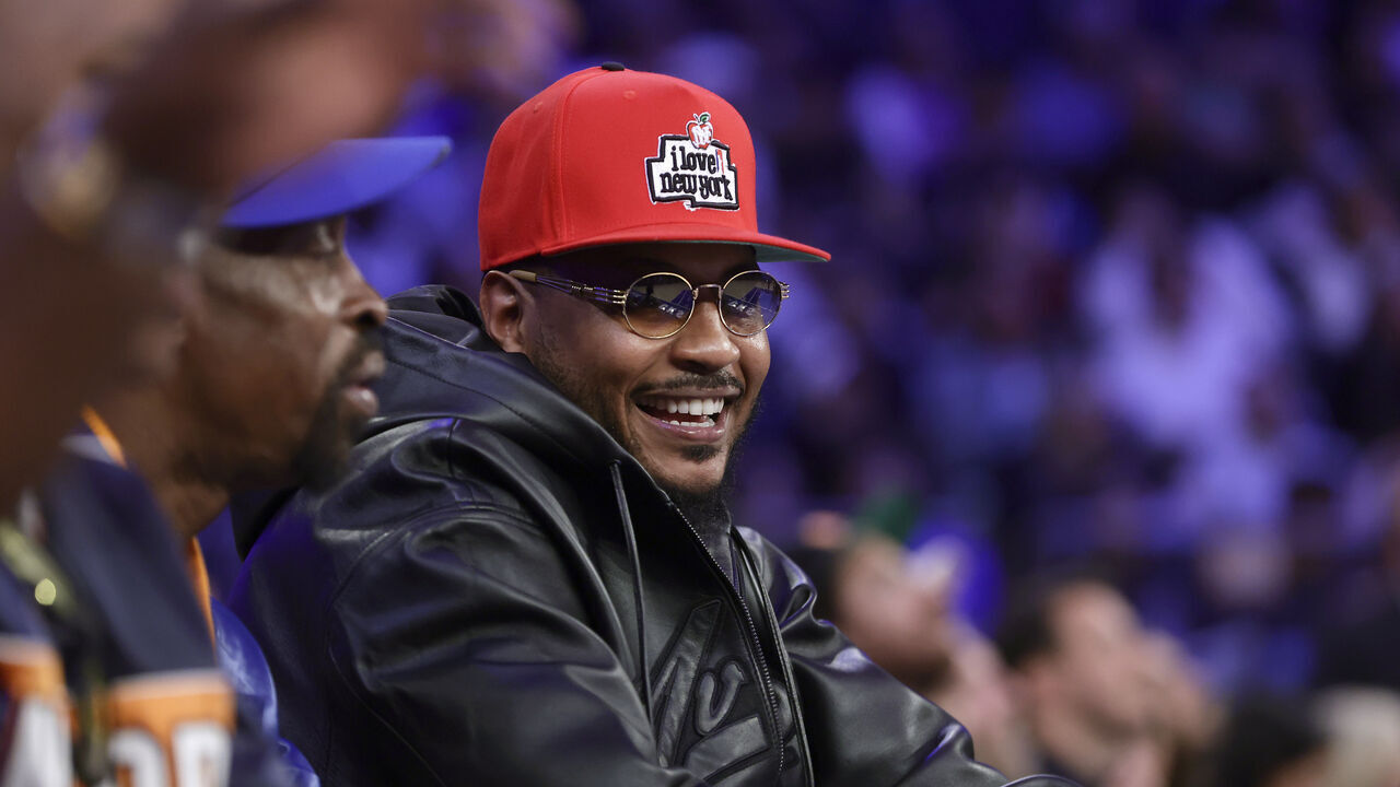 NEW YORK, NEW YORK - NOVEMBER 08: (NEW YORK DAILIES OUT) Former NBA player Carmelo Anthony attends a game between the New York Knicks and the Milwaukee Bucks at Madison Square Garden on November 08, 2024 in New York City. The Knicks defeated the Bucks 116-94.