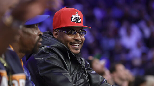 NEW YORK, NEW YORK - NOVEMBER 08: (NEW YORK DAILIES OUT) Former NBA player Carmelo Anthony attends a game between the New York Knicks and the Milwaukee Bucks at Madison Square Garden on November 08, 2024 in New York City. The Knicks defeated the Bucks 116-94.