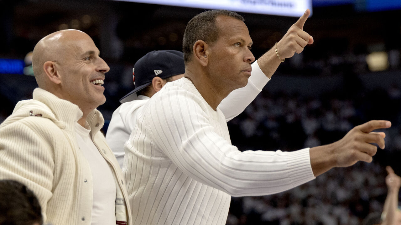 MINNEAPOLIS, MN. - APRIL 2024: Minnesota Timberwolves minority owners Marc Lore and Alex Rodriguez during Game 1 on Saturday, April 20, 2024, at Target Center in Minneapolis, Minn. NBA playoffs, first round, Minnesota Timberwolves vs. Phoenix Suns, Game 1, Target Center, Minneapolis, Minn.