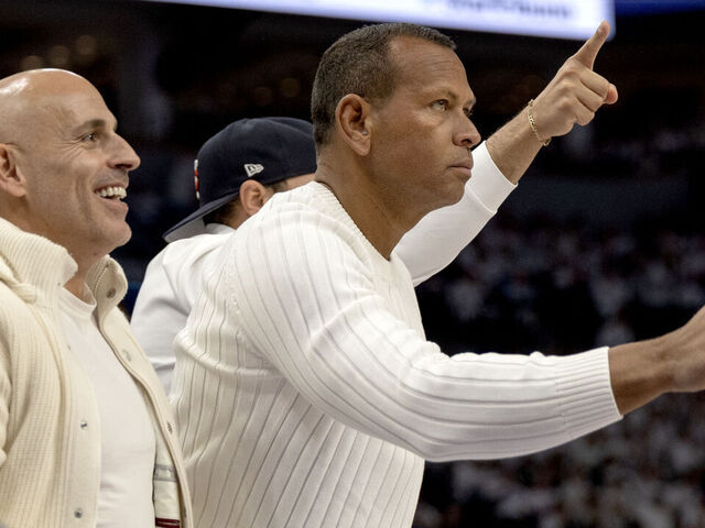 MINNEAPOLIS, MN. - APRIL 2024: Minnesota Timberwolves minority owners Marc Lore and Alex Rodriguez during Game 1 on Saturday, April 20, 2024, at Target Center in Minneapolis, Minn. NBA playoffs, first round, Minnesota Timberwolves vs. Phoenix Suns, Game 1, Target Center, Minneapolis, Minn.