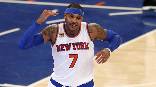 NEW YORK, NY - DECEMBER 4: Carmelo Anthony #7 of the New York Knicks celebrates scoring a 3 point shot in an NBA basketball game against the Sacramento Kings on December 4, 2016 at Madison Square Garden in New York City. Knicks won 106-98. NOTE TO USER: User expressly acknowledges and agrees that, by downloading and/or using this Photograph, user is consenting to the terms and conditions of the Getty Images License Agreement.